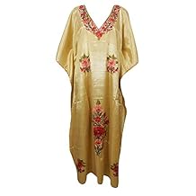 Mogul Interior Womens Caftan Maxi Dress Beige Silk Embroidered Boho Kaftan One Size