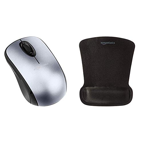 Amazon Basics Mouse inalámbrico con nano receptor y alfombrilla de gel con reposamuñecas, plateado