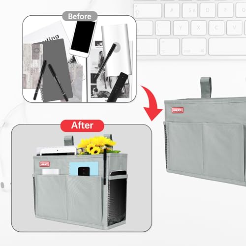 HAKACC Bedside Storage Organizer, Hanging Bed Organizer Bedside Caddy Remote Holder for Home College Dorm Light Grey