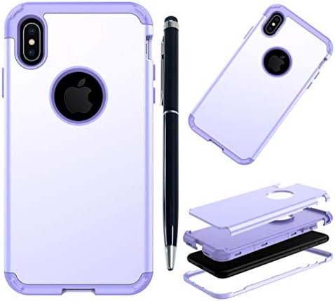 Edauto iPhone Xs Max Case, iPhone Xs Max 2018 Case 3 in 1 [Hard Back + Soft Inner + Hard Front] Protective Cover Simple Skin Shockproof Bumper Shell Stylus Pen for iPhone Xs Max 6.5'' - Light Purple