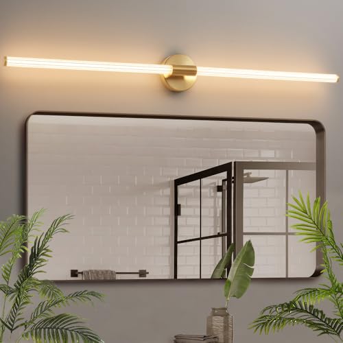 Luces de tocador de baño doradas de 47 pulgadas de largo, accesorios de iluminación para baño sobre espejo, con cableado fijo, LED regulable, iluminación completa de 360°, barra de luz de tocador