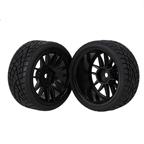 Mxfans 12mm Hex Black Plastic 14-Spoke Wheel Rims & Black Fish Pattern Rubber Tires for RC 1:10 On Road Racing Car Pack of 4