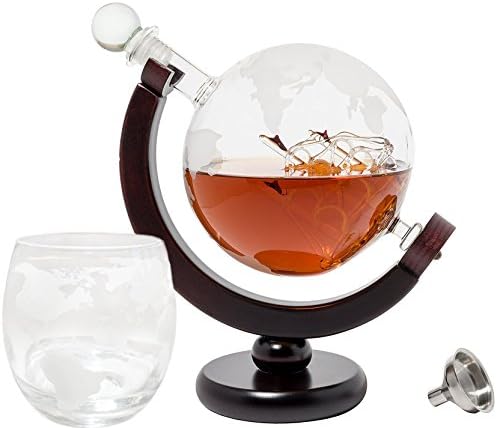 BarMe Globe Decanter Whiskey Decanter with Dark Finished Wood Stand, Bar Funnel & Set of Whiskey Drinking Glasses