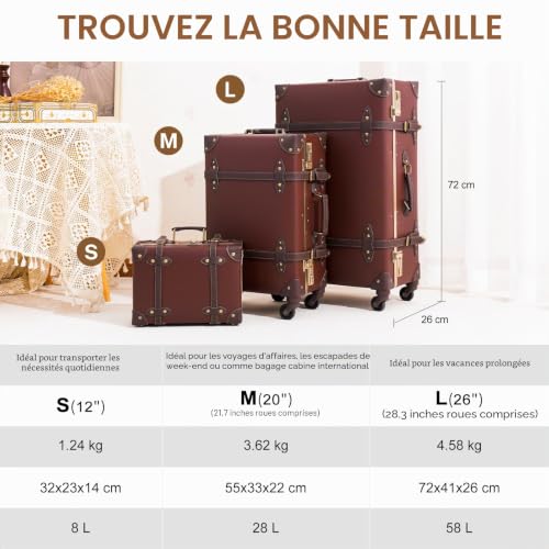 urecity Vintage Suitcase with Wheels, Travel Suitcase, Light, Retro, Rigid, 2 Pieces with Small 30 cm Bag, Caramel Brown, S(12")+L(26"), Vintage