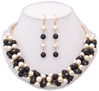 {CN0602 StyleNo1} WOMEN'S FASHIONABLE MIXED PEARL NECKLACE AND EARRINGS SET - Designed In USA (CREAM BLACK)