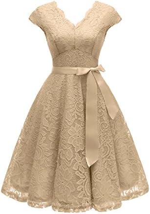 Vinvv Women's Short Vintage Floral Lace Dress V-Neck Cap Sleeve Belt Bridesmaid Party Cocktail Dress