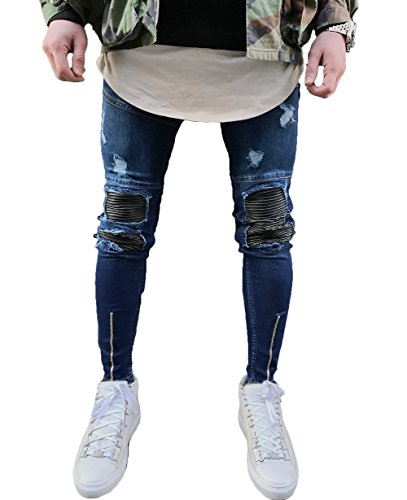 Men's Ripped Slim Fit Jeans Denim Pants with Broken Holes (W32, Blue-Wrinkle Knee)