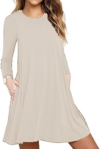 FOXSEN Womens' Long Sleeve Pocket Casual Loose T-Shirt Dress Beige Large