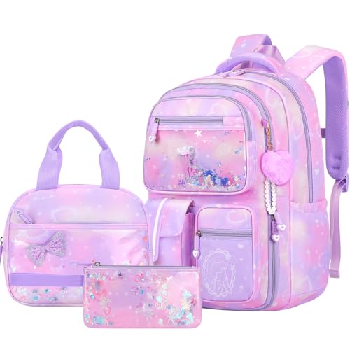 Amythe Set of 3 Teen Girls School Bag | School Bag Lunch Bag Pencil Case School Travel 15.6 Inches Portable Purple
