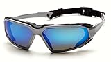 Pyramex Highlander Safety Eyewear, Silver-Black Frame/Ice Blue Mirror Anti-Fog Lens