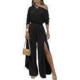CHICME Women Summer 2 Piece Outfits Off Shoulder Batwing Sleeve Top Flowy Slit Wide Leg Pants Sets Trave Matching Set