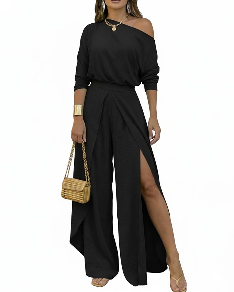 Photo 1 of ***ONLY TOP*** CHICME Women Summer 2 Piece Outfits Off Shoulder Batwing Sleeve Top Flowy Slit Wide Leg Pants Sets Travel Vacation Spring Matching Set-bk-L