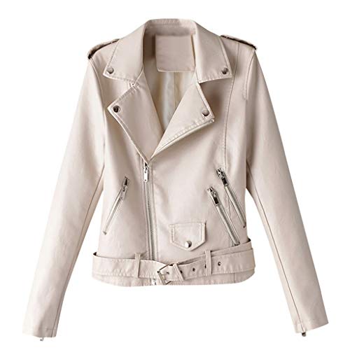 Sunhusing Ladies Fall Solid Color Long-Sleeve Multi-Zipper Pocket Lapel Jacket Button Belt Buckle Short Coat White