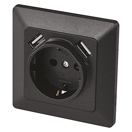 EMOS Enchufe empotrado A6000.3 con 2 puertos USB Schuko, sistema 55 enchufes de protección de contacto, 5 V/2,1 A para teléfono móvil o smartphone, antracita, 4000 W, 250 V, negro