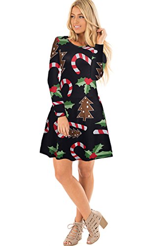 Herose Ladies Cozy Holly Berry Candy Canes Printed Flared Mini Dress Tops XL Black - Thumbnail 2