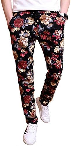 EMAOR Floral Printed Casual Pants Slim Fit Flower Trousers for Men