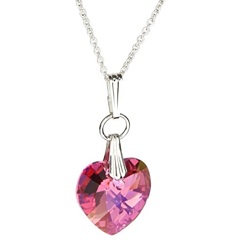 Pink Swarovski Elements Crystal Heart Pendant Sterling Silver Cable Chain Necklace, 14″