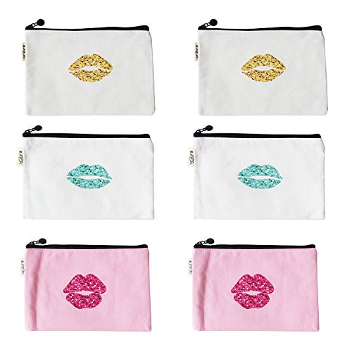 Lips Pattern Makeup Cosmetic Travel Pouches Toiletry Bag Cases with Zipper for Women and Girls, 3 Colors, 6 Pieces