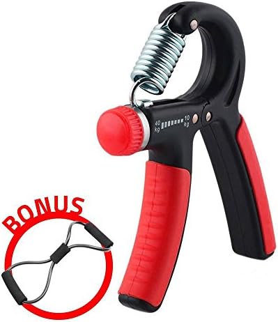 Hand Grip Pro | Premium Strengthener Exerciser Adjustable Resistance Pressure 22 to 88 Lbs with Resistance Band | Solid Stainless Steel Non Slip Trainer Athletes Gymnastics Grips | Black Red | 1258