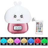 Multicolor Silicone Alarm Clock Led Touch Table Nightlight Rechargeable Sensitive Remote Control Cute Animal Desk Lamp Bedroom Lamp for Baby, Children, Toddlers or Nursery -Pink