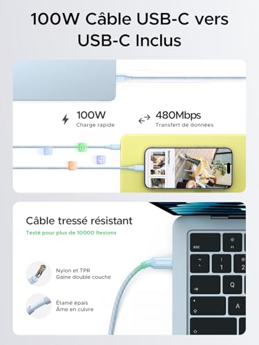 UGREEN Nexode Air 65W Chargeur USB C Rapide GaNInfinity avec Câble Compatible avec iPhone 17 Pro Max 16 Plus 15 14 13 12 Galaxy S26 S25 S24 Pixel 10 9 iPad MacBook Neo Air Pro M5 M4 M3 M2 M1 (Bleu)