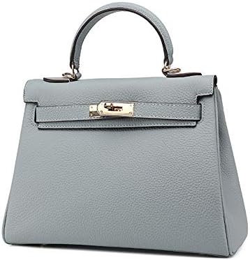 European and American Fashion Genuine Leather Kelly Bag Handbag Lychee Crossbody Women top-Handbag (Linen Blue, 25 * 20 * 11cm)