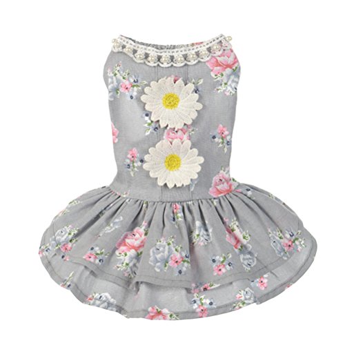 Alroman Dog Dresses Pets Clothes Gray Doggie Harness Dresses Lace Princess Puppy Dresses Pearl Dogs Clothes Pet Floral Cat Dress D-ring Vest Shirt Grey Sundress Skirt Outfit Costume Apparel (M)