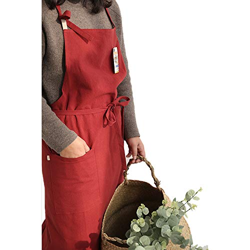 UHEIM Premium Free Size Linen Bib Apron Kitchen Apron with Large Pocket 9 Colors (Burgundy)