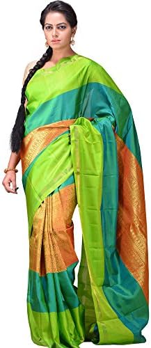 Uppada Women's Kanchipuram Silk Handloom Saree With Middle Brocade Design Free Size Green