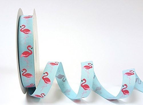 Bertie's Bows Pink Flamingo Print Blue 16mm Grosgrain Ribbon on a 3m length rolled on a Bertie's Bows ribbon card (N.B. this is cut from a roll) by Bertie's Bows