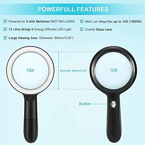HYOIIO 10x Magnifying Glass with Light, Lighted Magnifying Glass 10X