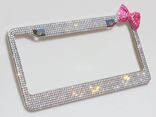 Carfond 7 Row Pure Handmade Waterproof Bling Bling Rhinestones Stainless Steel Metal License Plate Frame with Bling Business Card Holder Bling Stylus pen(Clear-hotpink bowknot Gift Set)