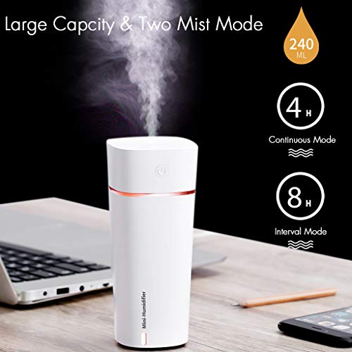 NUMIFUN Portable Humidifiers 240ml Ultrasonic Cool Mist Mini USB Humidifier with USB Fan and Light Accessories Auto Shut-Off with 7 LED Color Light for Bedroom Home Office Car Travel Plant (White)