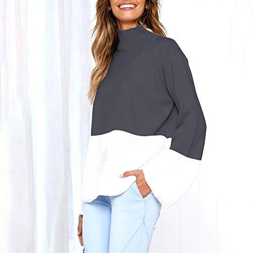 image for Franterd Women Color Block Patchwork Turtleneck Knitted Sweater Loose 