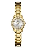 GUESS Women's U0889L2 Petite Gold-Tone Watch with Silver Dial , Crystal-Accented Bezel and Stainless Steel Pilot Buckle