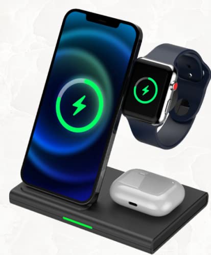 3 in 1 Wireless Charger, Wireless Charging Station,10W Fast Charging Stand Compatible with Apple Watch Series 6/5/4/3/2, Air Pods Pro, iPhone 12/12 Pro Max Mini/11 Pro Max/8 Plus (inc Plug)