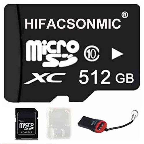 HIFACSONMIC 512GB Micro SDHC SD TF Memory Card Class10 with Micro SD Adapter 512G + Card Reader Black