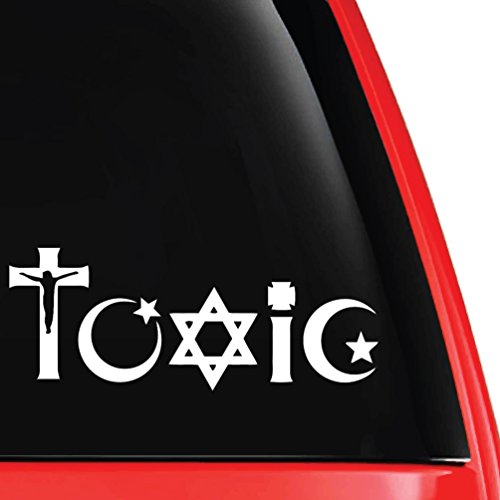 TOXIC Religion Atheist Decal Vinyl Car Laptop Sticker - EvolveFISH - White 5" x 2"