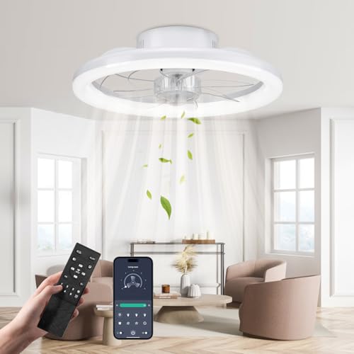 Ceiling Fan with Lighting, 40 cm LED Dimmable Ceiling Lighting, App and Remote Control, Dining Room Lamp with Fan, 6-Speed, Timer, Quiet, White