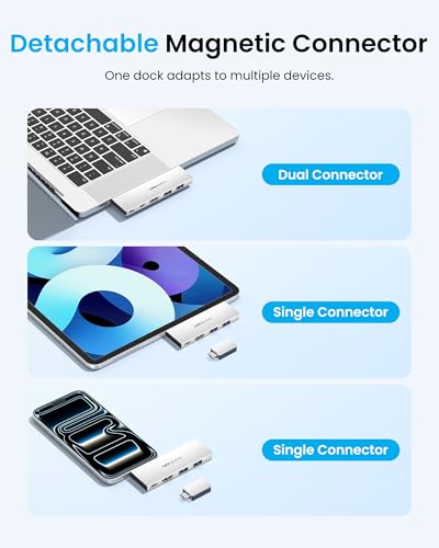 VENTION MacBook USB Adapter, 6-in-2 Mac Hub with Dual USB C, Removable Magnetic USB-C Connector, PD 140W / 8K @ 240Hz / 80Gbps Max, Compatible with All Laptops/iPads, Silver