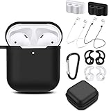 AirPods Case Accessories Kit [Front LED Visible], HULOSAN Silicone Protective Airpods Case Cover Skin for Apple AirPod 1 & 2 -With Airpods Ear Hook/Tips/Strap/Clips/Watch Holder/Keychain/Zipper Box