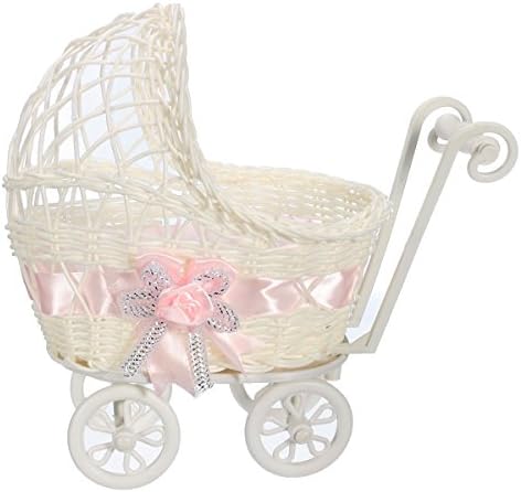 Flower Basket Wicker Pram Basket Baby Shower Party Gift Present Organizer Home Table Decor Gift (Pink)