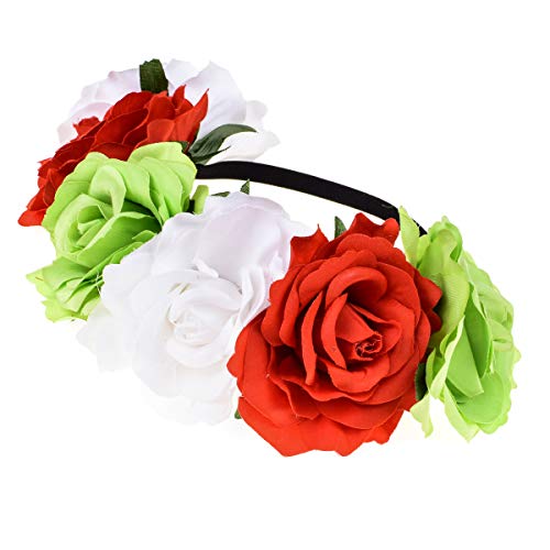 June Bloomy Rose Floral Crown Garland Flower Headband Headpiece for Wedding Festival (White Red Green)