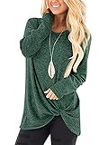 Famulily Women's Plain Round Neck Long Sleeves Loose Fit Side Knot T-Shirts Tops Green S