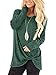Famulily Women's Plain Round Neck Long Sleeves Loose Fit Side Knot T-Shirts Tops Green S