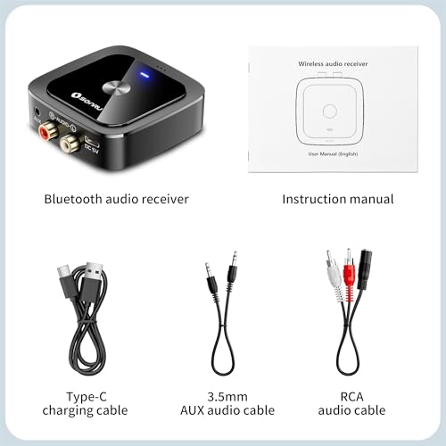 SONRU Bluetooth 6.0 Receiver, HiFi Wireless Audio Adapter with Low Latency, 24-Hour Battery Life, 3.5mm Jack AUX & RCA Output, Aux to Bluetooth Adapter for Speakers/Car/Home Stereo