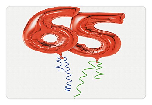 65th Birthday Pet Mats for Food and Water by Ambesonne, Birthday Balloons for Age Sixty Five Joyous Cheerful Party Object Image, Rectangle Non-Slip Rubber Mat for Dogs and Cats, Red Green Blue