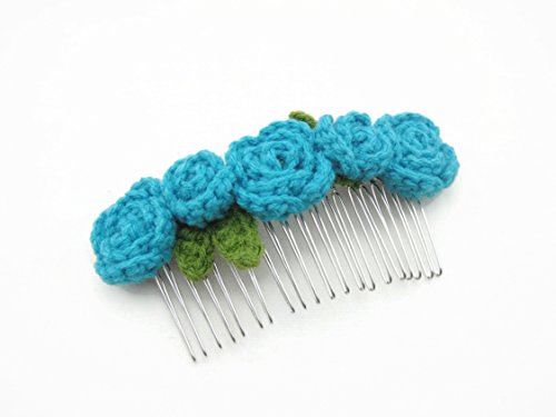 Hair Comb Slides Clip Girl Accessories Crochet Flower Roses Light Blue