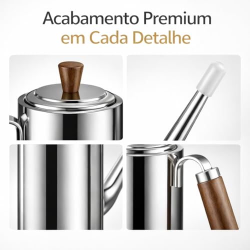 Bule de Inox 304 Premium Bico Fino Filtro e Cabo de Madeira Sofisticado para Café e Chá Gourmet (700, Millilitros)