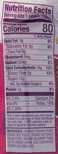 HAPPY TOT LOVE MY VEGGIES STAGE 4 ORGANIC TODDLER FOOD BANANA BEET SQUASH & BLUEBERRY, 4.22 OUNCE POUCH ORGANIC BABY FOOD/TODDLER FOOD POUCHES, FRUIT AND VEGGIE BLEND, FULL SERVING OF VEGETABLES